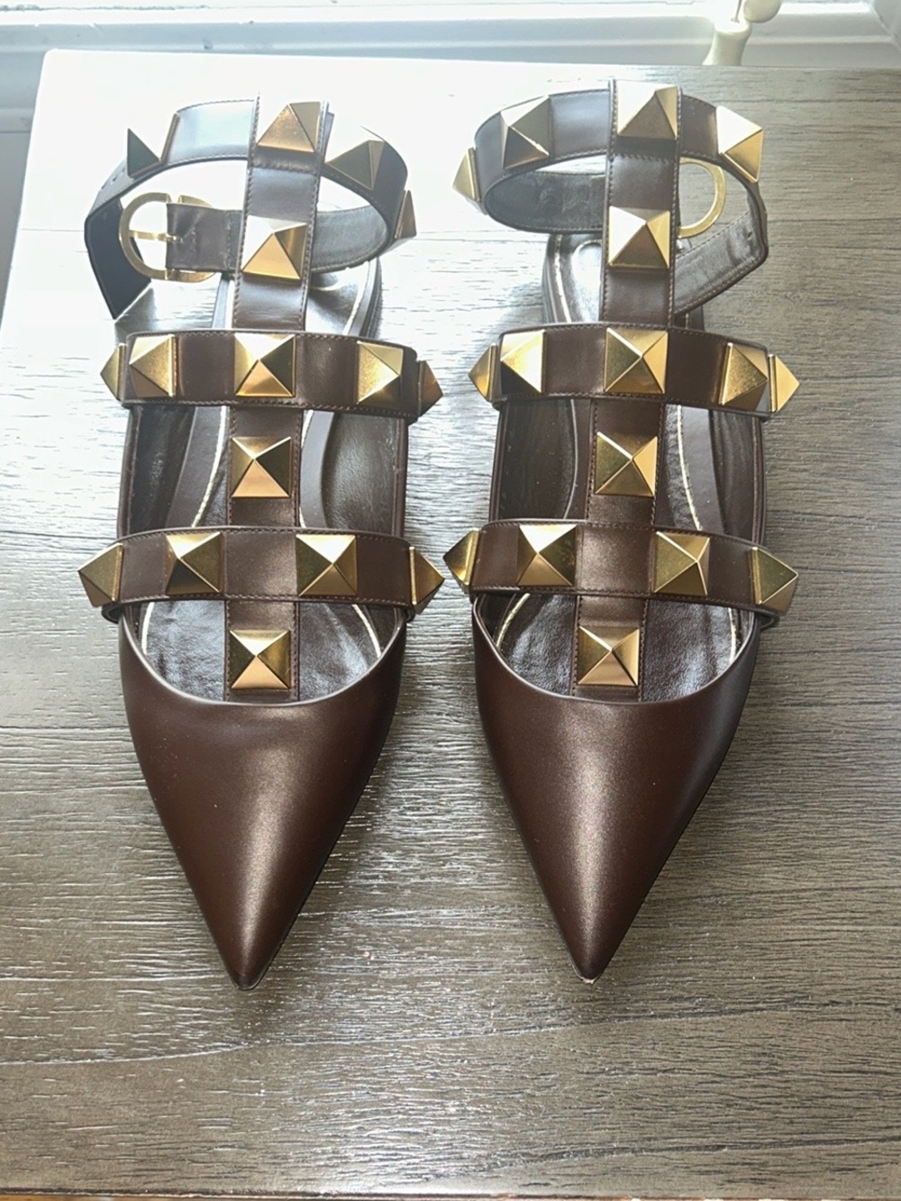 Valentino Roman Stud-Embellished Pointed Toe Strappy Flats in Brown